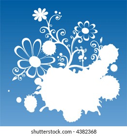 Blue-white grunge background with flower and blots.