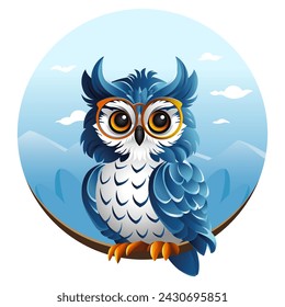 A blue-white owl in glasses sits on a branch against the background of nature.. The wise owl bird. Vector isolated illustration on white background