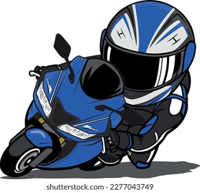 Blue-White Racer Riding Sport Motorcycle lead in curve with speed Cartoon Mascot