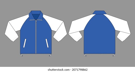 Chaqueta de manga Raglan azul-blanco con vectores de plantilla de paro elástico y cordón sobre fondo blanco.Vista frontal y posterior.