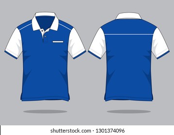 Blue-White Short Sleeve Polo Shirt with One Pocket Hidden and Piping Line Design on Gray Background. Front and Back Views, Vector File.
