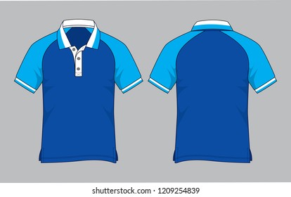 Blue-White Short Sleeve Raglan Sleeve Polo Shirt with With Rib Collar and Cuff Design on Gray Background. Front and Back Views, Vector File.