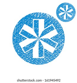 Blue-white snowflake vector simple single color icon isolated on white background with sketch lined hand drawn texture.