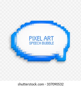 Blue-white speech bubble made of three-dimensional cubes on a transparent grid background. Pixel art style. Mosaic background of geometric shapes. Vector illustration.