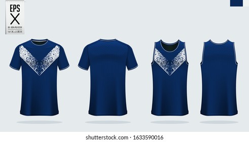 Blue-White t-shirt sport mockup template design for soccer jersey, football kit. Tank top for basketball jersey and running singlet. Sport uniform in front view, back view.  Vector art Illustration.