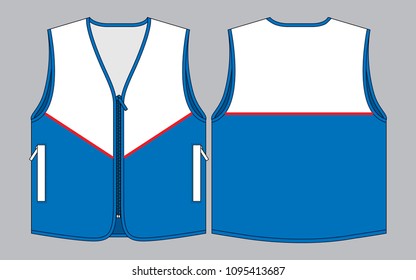 Blue-White Vest with Red Ribbed, Two Pockets Design on Gray Background. Front and Back Views, Vector File.