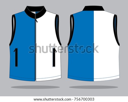 Blue-White-Blac Vest with Half Style Design on Gray Background. Front and Back Views, Vector File.