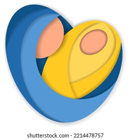 Blue-yellow abstract clipart mother with baby, heart shaped. The concept of Ukrainian refugees from the war, charity in Ukraine. Vector illustration isolated on transparent background