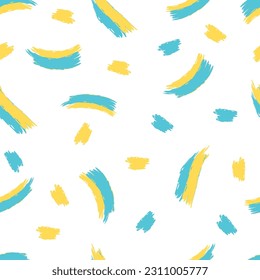 Blue-yellow brush strokes seamless repeat pattern.Abstract spots with rough edges are arranged chaotically on a white background.Print on fabric and paper.Endless wallpaper.Vector illustration.
