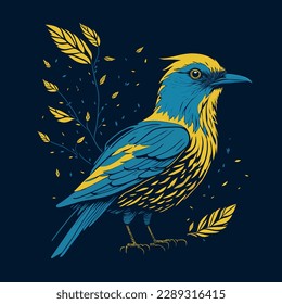 Blue-yellow color bird vector illustration. Engraving template image for design, decoration, print and tattoo.