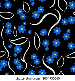 blue-yellow flowers and gray flowing stripes are randomly located on a black background. cute floral seamless pattern. vector
