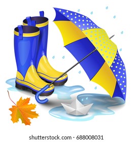 Blue-yellow gumboots, children's umbrella, falling orange maple leaves and paper boat in puddle. Childhood, autumn and rain concept. Realistic vector illustration