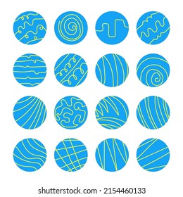 Blue-yellow highlights for social media.Trendy minimalistic round icons with abstract lines.Covers for networks stories. Hand drawn templates, banners.Use for posts and blogging.Isolated.Vector