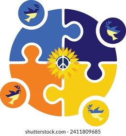 blue-yellow puzzle with peace and doves of peace pattern