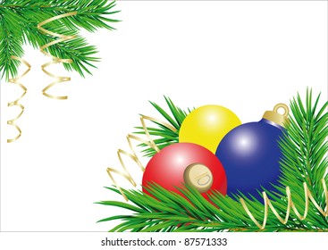blue,yellow and red christmas balls with pine tree