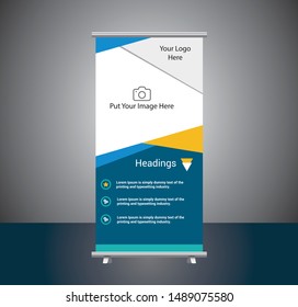 Blue/Yellow Roll Up Banner template vector illustration,background ,Roll-up design , display,advertisement,Trade Show.