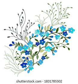 Bluish, blue, turquoise wildflowers, composition, gray herb twigs, green leaves, hand-drawn for embroidery, for your project, vector on a white background