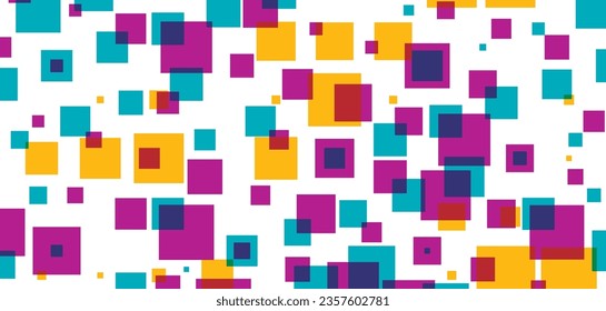 Bluish cyan, orangey yellow and dark carnation pink overlayed squares on white background. Vector graphic pattern