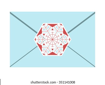 Bluish envelope sealed with beautiful white and red snowflake isolated on white. EPS 8 vector illustration, no transparency
