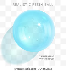 Bluish green aquamarine transparent resin jewel. Vector 3d realistic drop of cyan epoxy. Fashionable glossy artificial bead. Perfect closeup sphere with a translucent shadow on a checkered background.