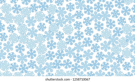 Lot of bluish snowflakes, white background. Hand-drawn snowflakes, different size. For wrappers, packaging, backgrounds, sites, applications, fabrics.