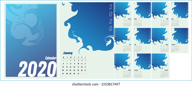 Bluish Themed 2020 Calendar with Gradient Cover and Swirl Background Design for Commercial Use