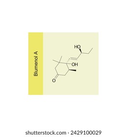 Blumenol A skeletal structure diagram.Sesquiterpene compound molecule scientific illustration on yellow background.