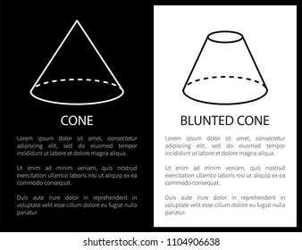 Blunted or simple cone geometric shapes, basic figures sketches made from lines and dashes, projections vector illustrations vertical posters set.