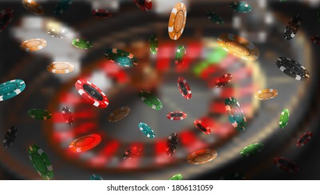 Blur background and poker chips falling. Poker game theme. Vector illustration.