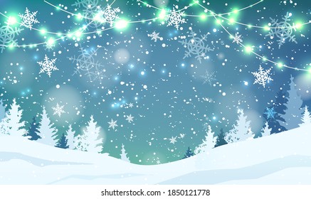 Blur background with snowflakes, trees, garlands, falling snow. Holiday winter landscape. Vector illustration.