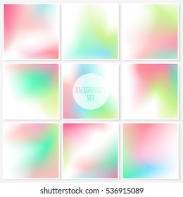 Blur backgrounds set. Elegant pastel smooth colors. Watercolor effect abstract stains. Vector illustrations collection for wallpapers, card templates, posters, printed products or web design.