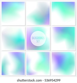 Blur backgrounds set. Elegant pastel smooth colors. Watercolor effect abstract stains. Vector illustrations collection for wallpapers, card templates, posters, printed products or web design.