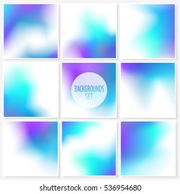 Blur backgrounds set. Elegant pastel smooth colors. Watercolor effect abstract stains. Vector illustrations collection for wallpapers, card templates, posters, printed products or web design.