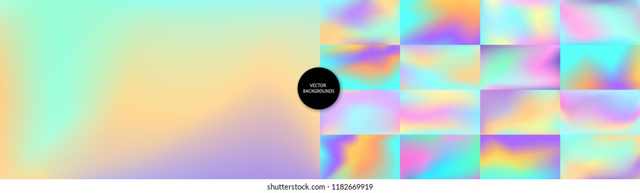 Blur backgrounds set. Holographic. Smooth multicolor textures. Hologram backdrops. Pastel blurs. Cover or banner design. Vibrant. Trendy poster design. Logo or text backdrop.