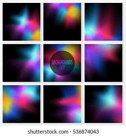Blur backgrounds set. Trendy vivid smooth colors. Night sky abstract shine. Vector illustrations collection for wallpapers, card templates, posters, printed products or web design.