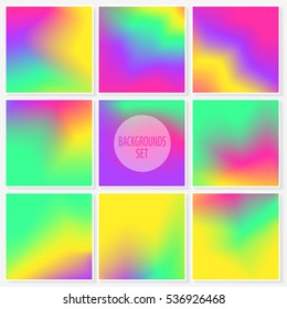 Blur backgrounds set. Trendy vivid smooth colors. Watercolor effect abstract rainbow stains. Vector illustrations collection for wallpapers, card templates, posters, printed products or web design.