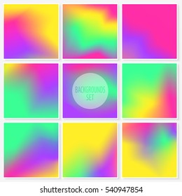 Blur backgrounds set. Trendy vivid smooth colors. Watercolor effect abstract stains. Vector illustrations collection for wallpapers, card templates, posters, printed products or web design.