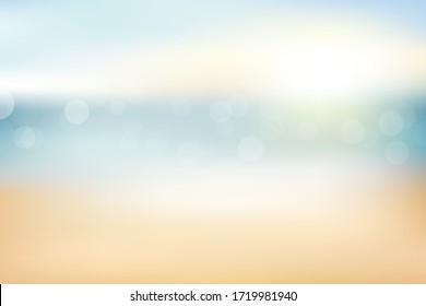 Blur beach and sand abstract background with bokeh sun light  for summer.