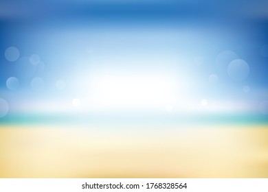 Blur beach and sand abstract background with bokeh sun light for summer.blue sky vector.