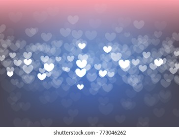 Blur bokeh Valentines day heart holiday background. Luxury gradient backdrop. Vector illustration wedding frozen decoration. Festive shiny defocused wallpaper. Glowing blurred winter greeting sparkle.