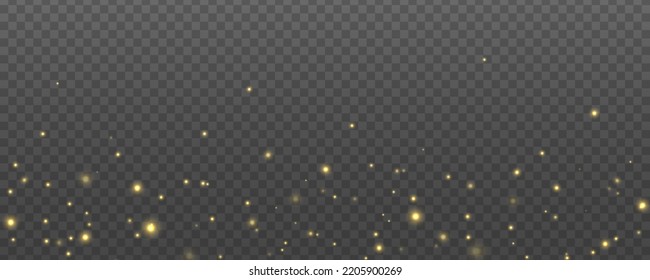 Blur Christmas glowing gold dust confetti and spark overlay texture for your design. Defocused abstract golden bokeh lights and sparkles. Glares with flying glowing particles light. Vector.