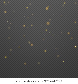 Blur Christmas glowing gold dust confetti and spark overlay texture for your design. Defocused abstract golden bokeh lights and sparkles. Glares with flying glowing particles light. Vector.