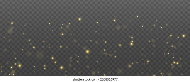 Blur Christmas glowing gold dust confetti and spark overlay texture for your design. Defocused abstract golden bokeh lights and sparkles. Glares with flying glowing particles light. Vector.