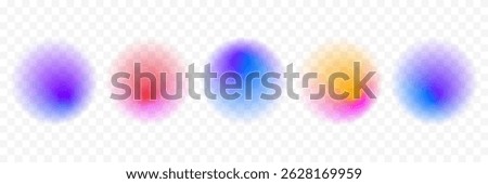 Blur circle gradient shape set. Colored smooth sphere gradation collection. Y2K blurry round aura pack. Bright iridescent abstract blob bundle for poster, template, badge, sticker, collage. Vector