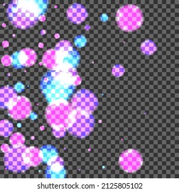 Blur Confetti Background Transparent Vector. Bokeh Noise Card. Effect Illustration. Blue Spot Overlay Texture. Purple Decoration.