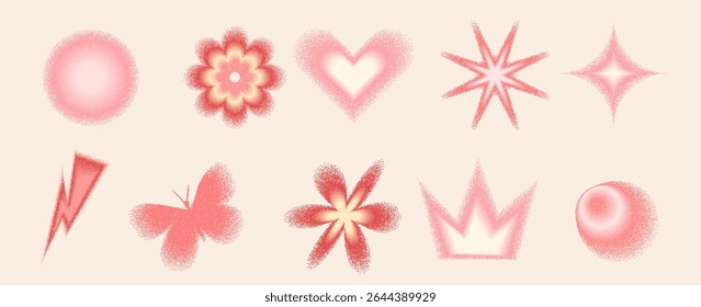 Blur coquette geometric shape with grain noise gradient set. Y2k retro heart, star and circle with flower. Colorful gradation butterfly, crown on beige background. Vector illustration.