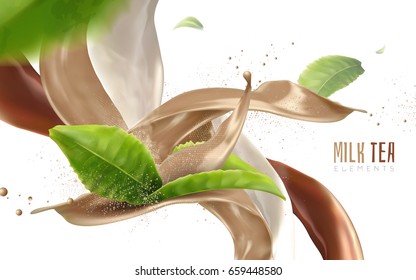 blur flying green leaves and beverage flows, realistic 3d illustration