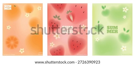 Blur fruits poster. Summer background. Apple orange and strawberry banner. Colorful gradient elements. Watercolor frame or cover design. Blurred vibrant plants. Vector illustration abstract creative set