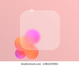 Blur glass effect frame for text or your design. Vector render of cloudy glass with abstract liquid on the background. Set of colored bubbles in the shape of a ball design elements.