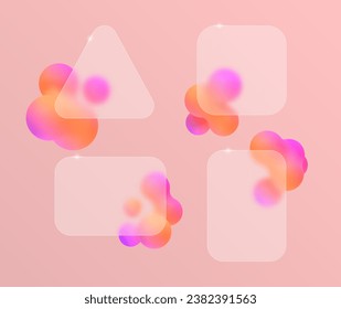 Blur glass effect frame for text or your design. Vector render of cloudy glass with abstract liquid on the background. Set of colored bubbles in the shape of a ball design elements.